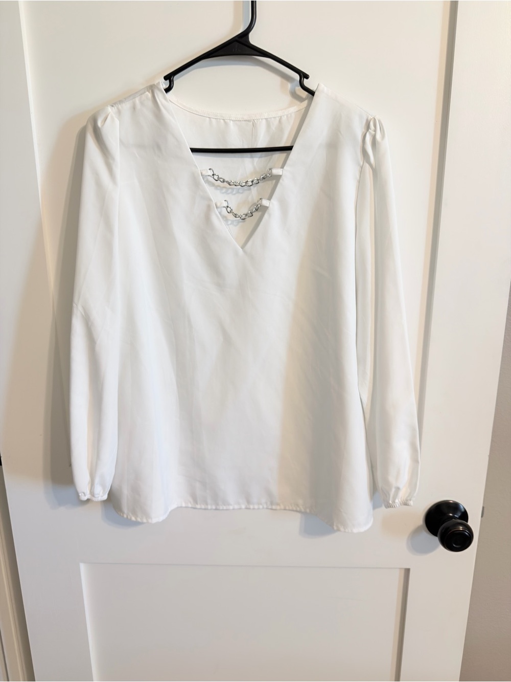 Women's White V-Neck Long Sleeve Blouse with Chain Detail